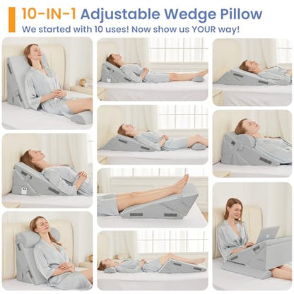 Sasttie Adjustable Wedge Pillow Set for After Surgery, Light Grey - color: Light Grey, size: Adjustable 9&12 Inch + 2 Head Pillows