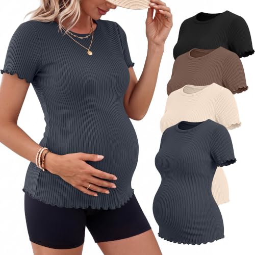 Riyiper 4 Pack Maternity Ribbed Knit Shirts for - color: Charcoal Gray, Cream, Brown, Black, size: Medium