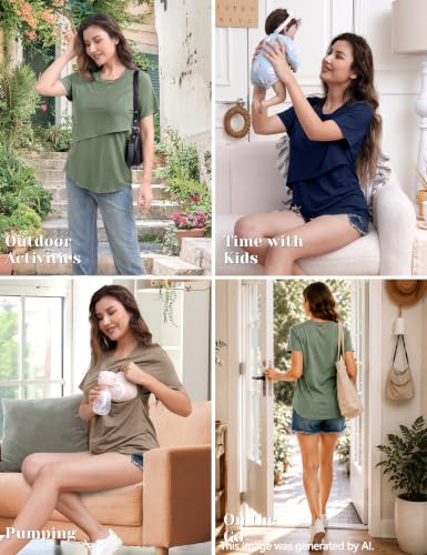 SUNNYBUY Women's Nursing Tops 3 Pack, Breastfeeding Shirts Maternity Tee - color: Navy/Sage Green/Taupe, size: Medium