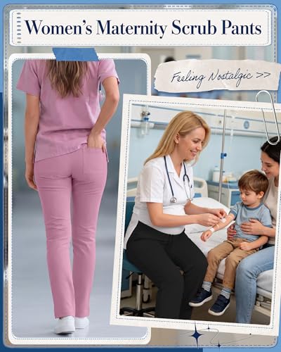 3 Pack Comfy Women's Maternity Scrub Pants - color: Pink, Blue, Black, size: Large