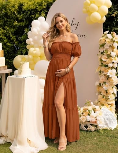 ZESICA Womens 2026 Summer Off Shoulder Boho Maxi Dress - color: Caramel, size: Small