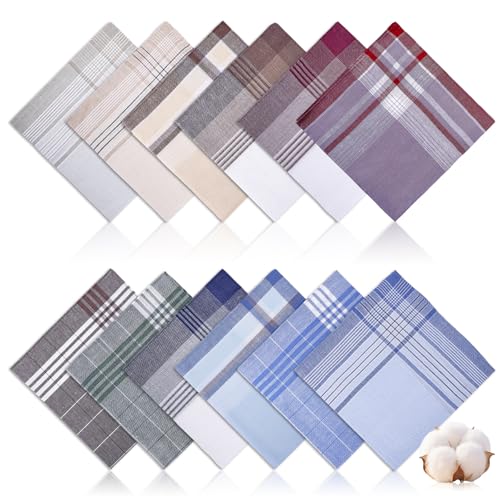 [12 PCS] Handkerchiefs for Men, 16x16 Inch, 100% Soft Cotton Classic Style Handkerchief, Pocket Squares for Men with Check