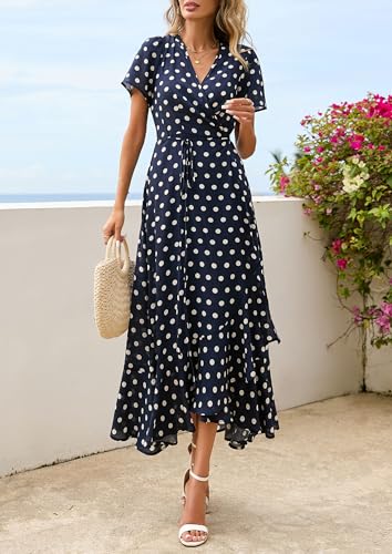 PRETTYGARDEN Women's Boho Floral Summer Maxi Dresses - color: Dot Navy White, size: X-Small