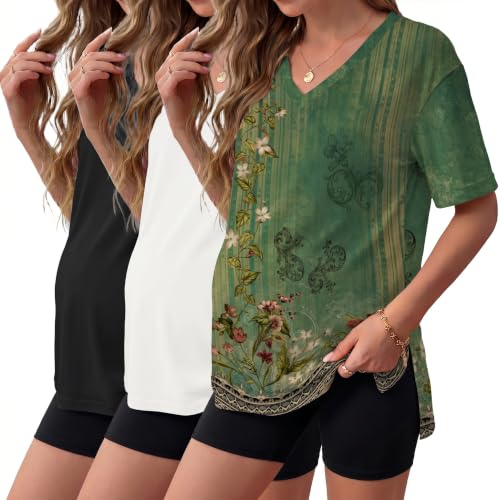Ekouaer Maternity Shirts 3 Pack Oversized Pregnancy Tops Summer Clothes - color: 3 Pcs Black/ White/ Boho Green Floral, size: XX-Large
