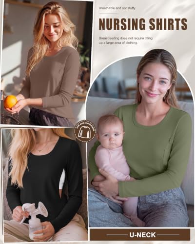 3 Pack Women's Long Sleeve Nursing Tops - color: Army Green, Light Brown, Black, size: Large