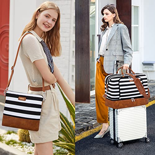 TIBES Travel Weekender Bag for Women, Overnight Bag with Shoe Compartment - color: L-Black & White Strips