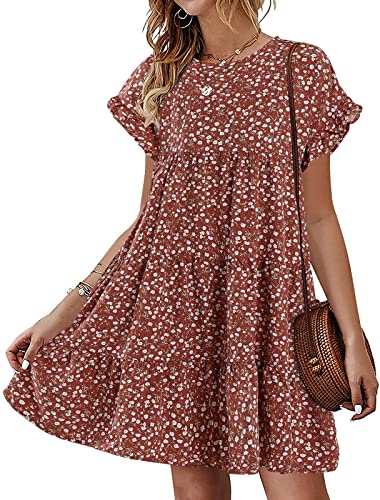 Womens Babydoll Dress Summer Boho Print Ruffles Loose Flowy Mini Dress - color: Brick Red, size: Medium