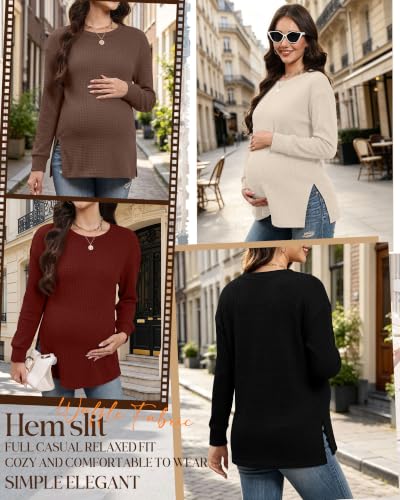 Xaatren 4 Pack Womens Maternity Long Sleeve Shirts Waffle Tops - color: Autumn Leaf Red, Cream, Brown, Black, size: Small