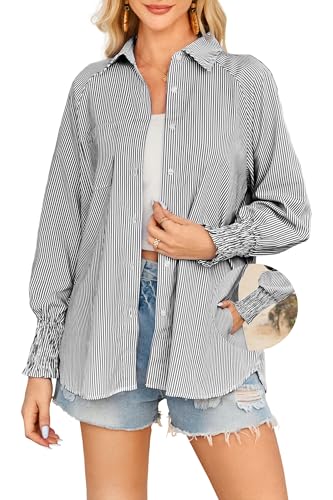 OUGES Women's Cotton Blend Oversized Boyfriend Collar Shirts Smocked Cuffed Striped Button Down Blouse Tops with Pockets - color: Black, size: Medium