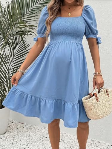 MakeMeChic Women's Maternity Dresses for Baby Shower Casual Pregnancy Dress - color: Blue Solid, size: Small