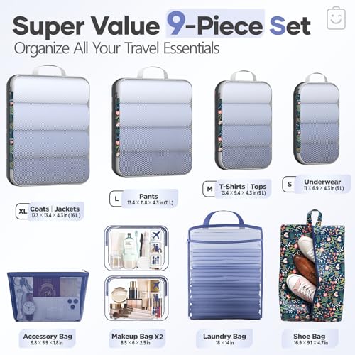 Veken 9/11 Set Compression Packing Cubes for Travel Essentials,Compressible Expandable Luggage Suitcase Organizer Bags for Clothing,Space Saver Bags with Over 1000 pcs of Mesh Holes(Dark Blue Floral) - color: Dark Blue Floral, size: 9 set