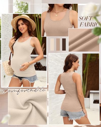 Ficerd 3 Pack Women's Maternity Ribbed Tank Tops - color: Apricot, Khaki, Brown, size: Medium