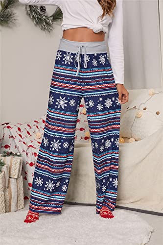 iChunhua Women's Comfy Stretch Floral Print Drawstring Palazzo Wide Leg Lounge Pant - color: Blue Snowflake, size: Small