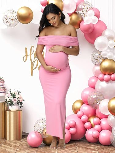 Women's Maternity Mesh Off Shoulder Party Long Dress Baby Shower - color: Pink, size: X-Large
