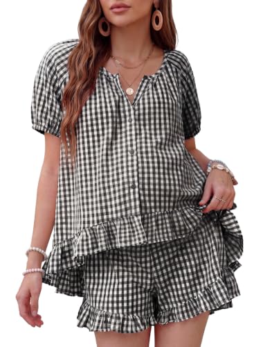 BLENCOT Maternity Clothes 2 PCS Gingham Cotton Pregnancy Pajamas Short Sets - color: Black, size: Small