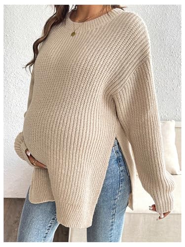 MakeMeChic Women's Maternity Knit Split Drop Shoulder Crew Neck Sweater - size: Large