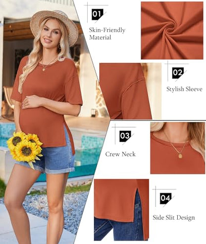 Ekouaer Maternity Shirts 3 Packs Short Sleeve Split Side Pregnancy Tops - color: Black/Army Green/Brick Red, size: Medium