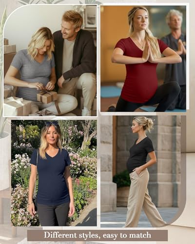 Neer 4 Pack Women's Maternity Shirts Short Sleeve - color: Black, Light Heather Gray, Navy Blue, Burgundy, size: Small