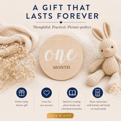Kate & Milo Wooden Baby Monthly Milestone Discs, White Text - color: White Text Circle