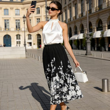 OBBUE Women's Chiffon Pleated Skirt A-line Skirts - color: Black White Flower, size: Medium
