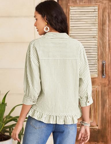 Flygo Womens Striped Button Down Shirts Cropped 3/4 Sleeve Ruffled Blouses - color: Olive, size: Large