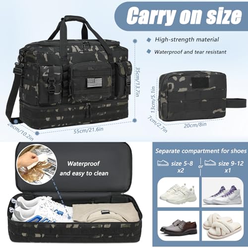 Tactical Duffle Bag - Gym Bag for Men with Shoe Compartment & Toiletry Bag - color: Black CM