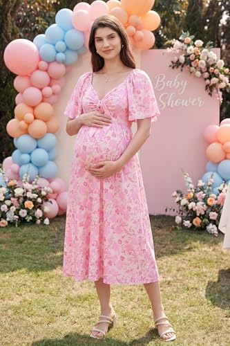 OUGES Women's V Neck Maternity Dress Baby Shower Midi Dresses with Pockets - color: Apricot Pink Floral, size: Small