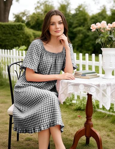 Flygo Womens Gingham Nightgown Cotton Pullover House Dress with Pockets - color: Black, size: Small