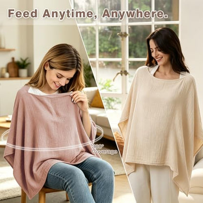 Cotton Muslin Nursing Cover, 2 Pack, 360° Full Privacy Poncho - color: Linen & Dusty Pink