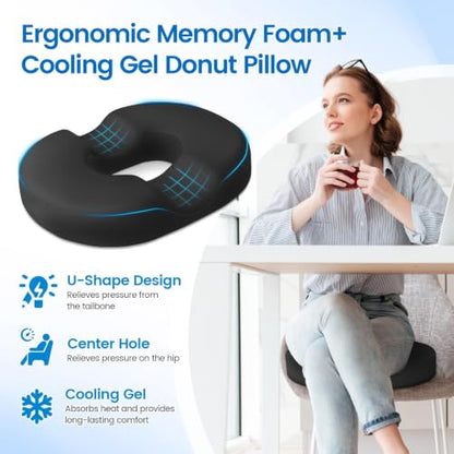 Donut Pillow Seat Cushion, Cooling Gel Memory Foam Chair Cushion, Black - color: Black, size: XX-Large