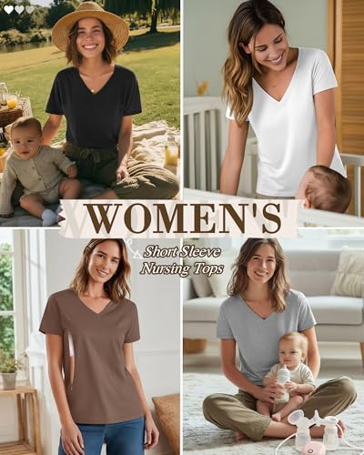 4 Pack Women's Nursing Maternity Shirts - color: Black, Light Gray, White, Coffee, size: XX-Large