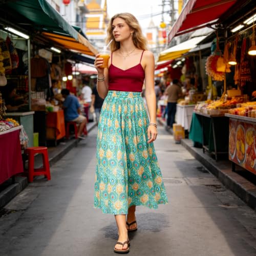 OBBUE Women's Chiffon Pleated Skirt A-line Skirts - color: Boho Print, size: XX-Large