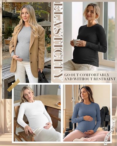 4 Pack Womens Ribbed Maternity Shirts Slim Fit Tops - color: Haze Blue, Light Gray, White, Black, size: XX-Large