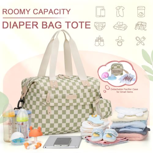 Pritent Diaper Bag Tote Waterproof Maternity Baby Bags with Pacifier Case - color: Checkered Green, size: Medium