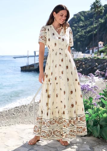 PRETTYGARDEN Womens Short Sleeve Boho Maxi Dress - color: Apricot, size: Small