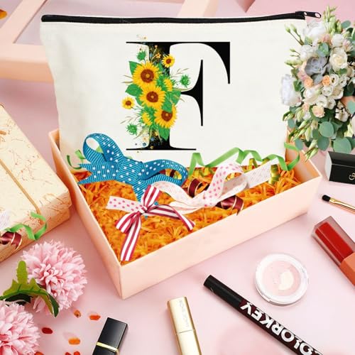 Andeiltech Initial Canvas Tote Bag Sunflower Letter Personalized Makeup Bag Monogrammed Gift for Bridesmaids Birthday Wedding - color: Sunflower Letter_f