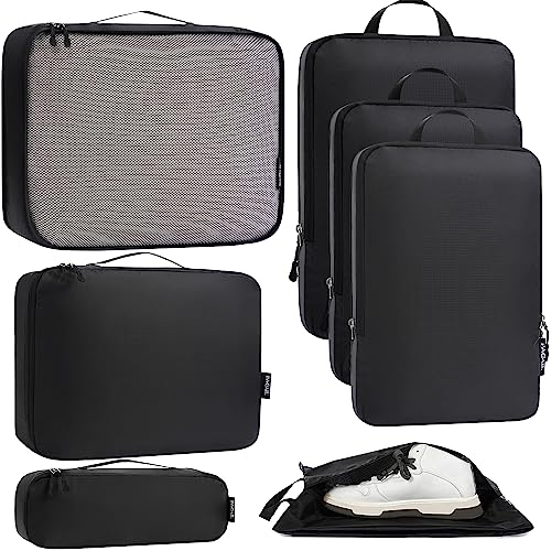 Bagail Ultralight Compression Cubes 7 Set - 3 Packing Cubes, 3 Organizers, and 1 Shoe Bag - color: The Black, style: Cloth Pattern