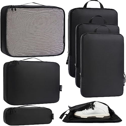 Bagail Ultralight Compression Cubes 7 Set - 3 Packing Cubes, 3 Organizers, and 1 Shoe Bag - color: The Black, style: Cloth Pattern