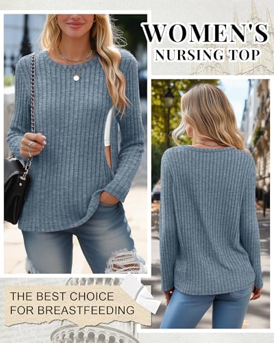 Womens Maternity Nursing Breastfeeding Ribbed Shirt - color: Blue, size: X-Large