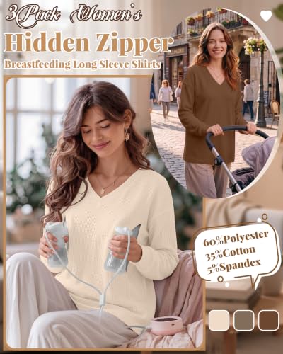3 Pack Women's Waffle Knit Long Sleeve Nursing Tops - color: Cream, Coffee, Dark Brown, size: Medium