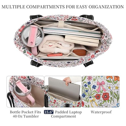 Tote Bag for Women with LaptopCompartment & Cup Holder - color: Bow Meadow
