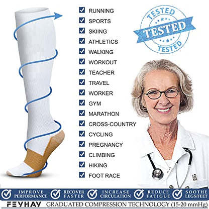 FEYHAY Copper Compression Socks (3 Pairs) 15-20 mmHg Circulation is Best Athletic & Daily for Men & Women, Running, Climbing - color: 04 White/White/White, size: Small-Medium