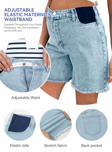 BLENCOT Maternity Jeans Bermuda Shorts Elastic Waist Raw Hem - color: Beau Blue, size: Medium