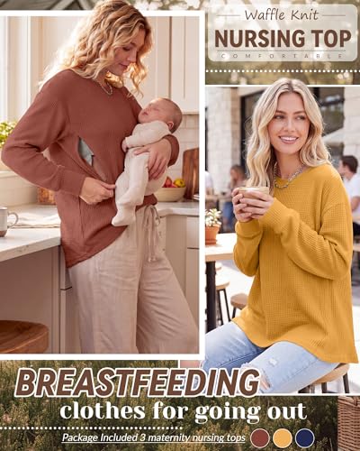 Oakgarden 3 Pack Women's Oversized Nursing Tops - color: Caramel, Ginger Yellow, Dark Blue, size: Medium
