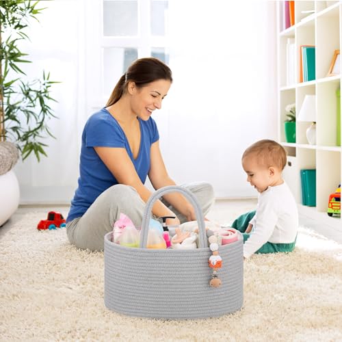 COMSE Large Cotton Rope Baby Diaper Caddy Organizer with Handles, Cool Gray - color: Cool Gray, size: Large