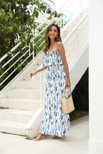 ZMPSIISA Womens Summer Off Shoulder Maxi Dress Strapless Boho Long Dresses - color: A-light Blue Flower, size: Medium