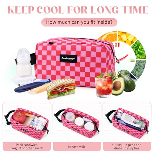 Cerbonny Small Cooler Bag,Freezable Lunch Bag,Built-in Ice Pack - color: Pink Checkerboard