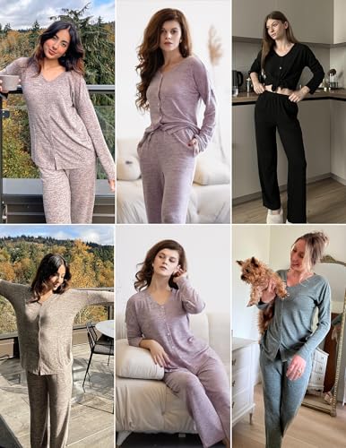 Ekouaer Womens Pajama Sets Button Up Long Sleeve Lounge Set Soft V Neck Pj - color: Brown, size: Medium