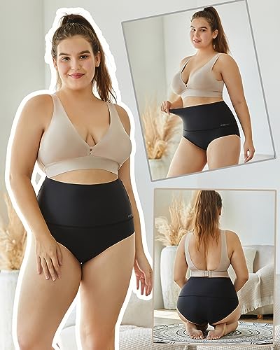 FINETOO Light Tummy Control Underwear Women High Waisted Briefs Plus Size Shapewear Under Dress Ladies Panties S-XXXL - color: Black, size: 3X-Large