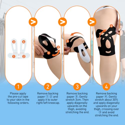 KTQUICK Precut Kinesiology Tape for Knees, 12 Ct,20% Stronger Adhesive,Black
